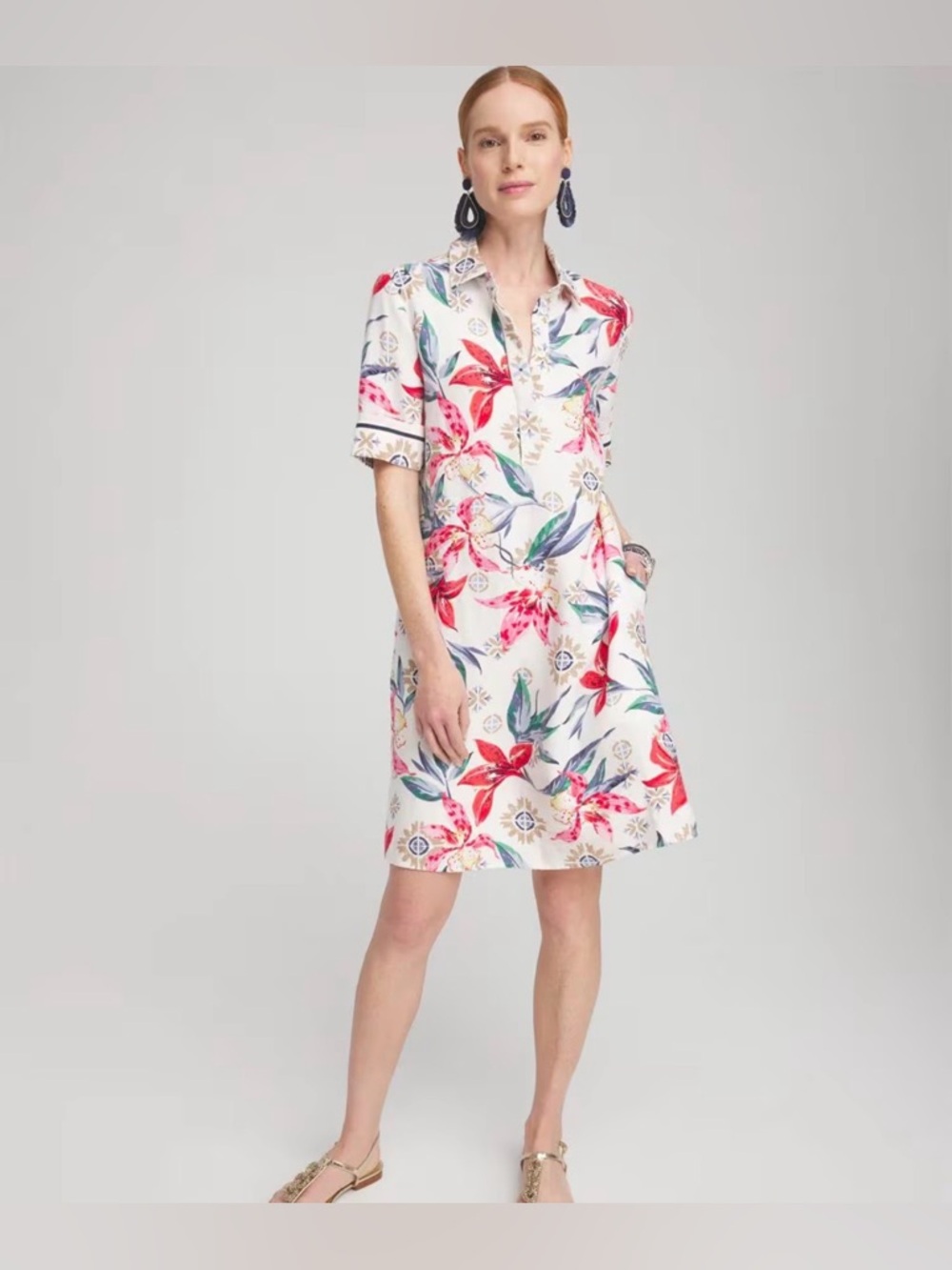 Chico’s Linen Floral Popover Shirt Dress Size 10 US Resort Wear Coastal Beach